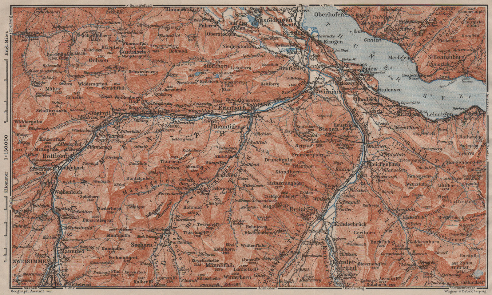 THUNER SEE. SIMME/KANDER VALLEYS. Gantrisch Spiez Frutigen Oberwil 1911 map